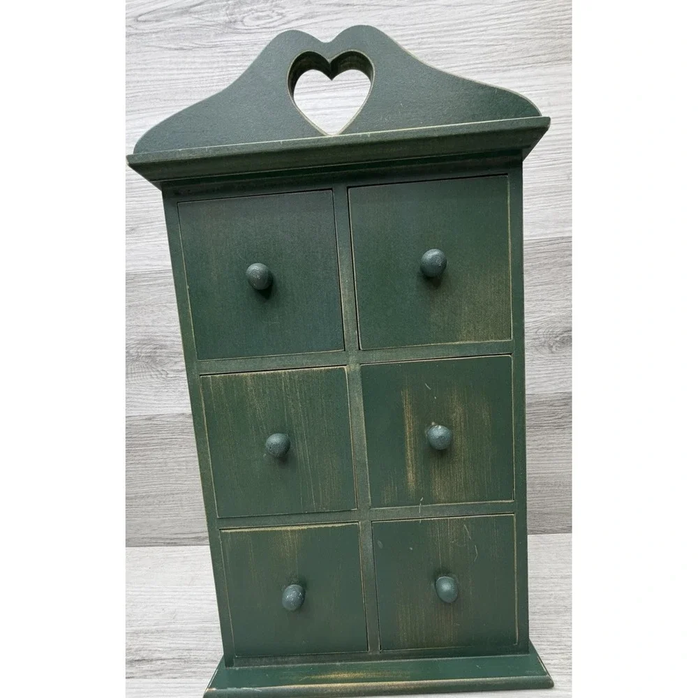 Cottagecore Distressed Green Apothecary Spice Cabinet 6 Drawer Heart Cutout
